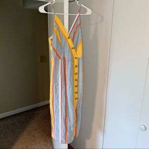 Striped Yellow and Gray Maxi Dress with Button Front